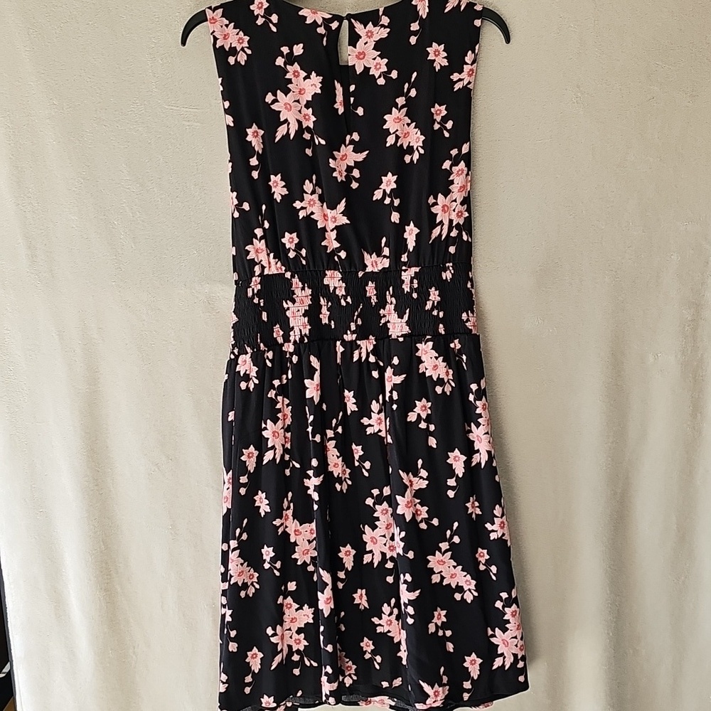 Loft Black Pink Floral Sleeveless Tie Waist Smocked Shift Midi Dress XL - Picture 4 of 6